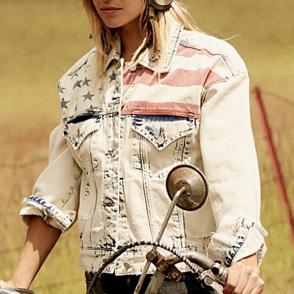 Women’s Flag-Print Denim Jacket - Cream/Red/Blue